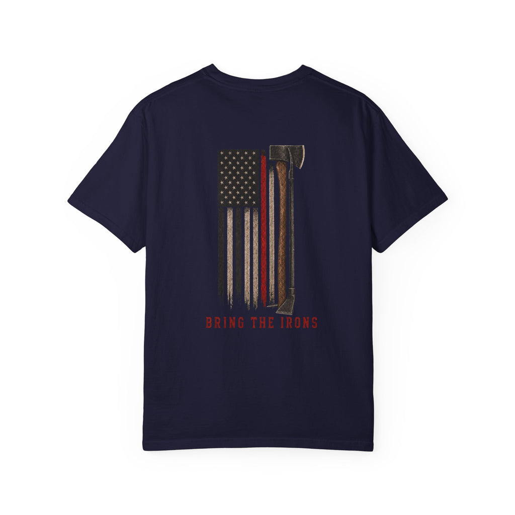 Bring the Irons — Vertical Irons Thin Red Line Firefighter Tee — Wordmark Front