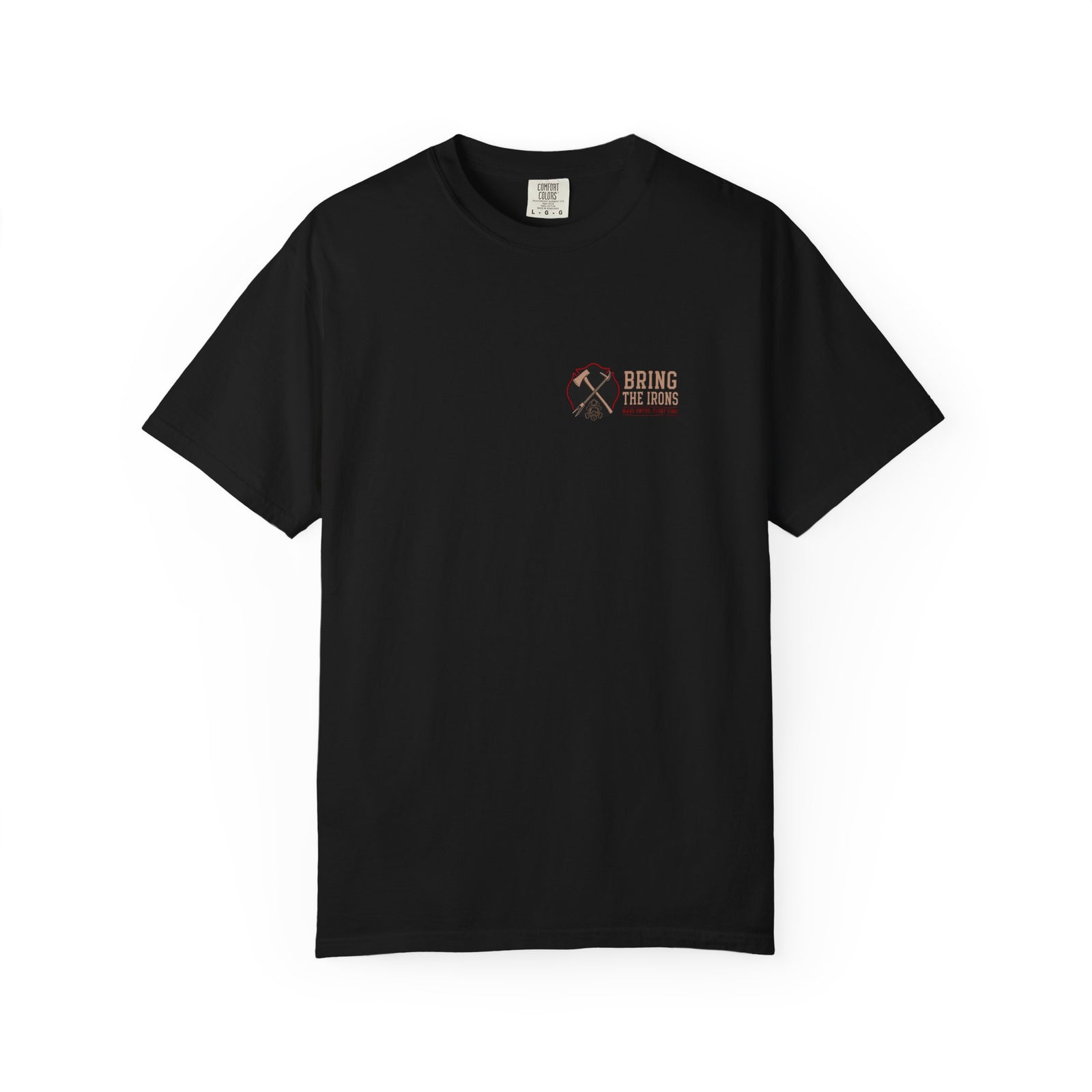 Bring the Irons — Vertical Irons Thin Red Line Firefighter Tee — Wordmark Front — front