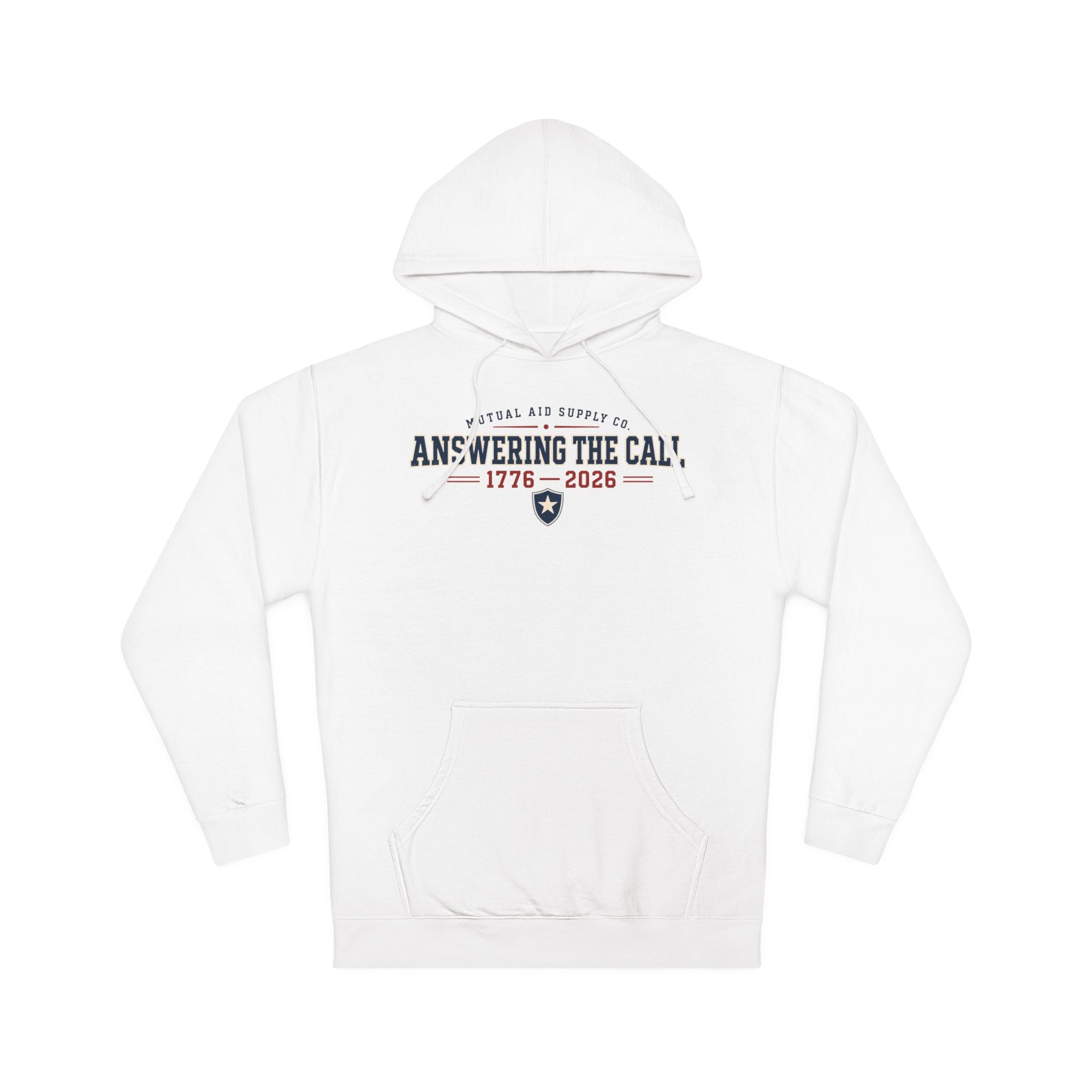 Answering the Call 1776–2026 heritage hoodie — navy athletic lettering with a shield and star on a light hoodie