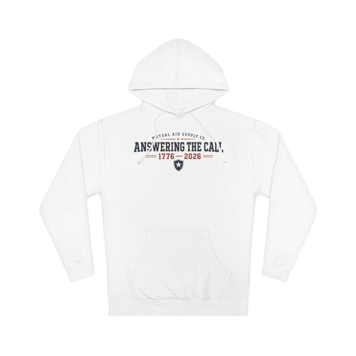 Answering the Call 1776–2026 heritage hoodie — navy athletic lettering with a shield and star on a light hoodie