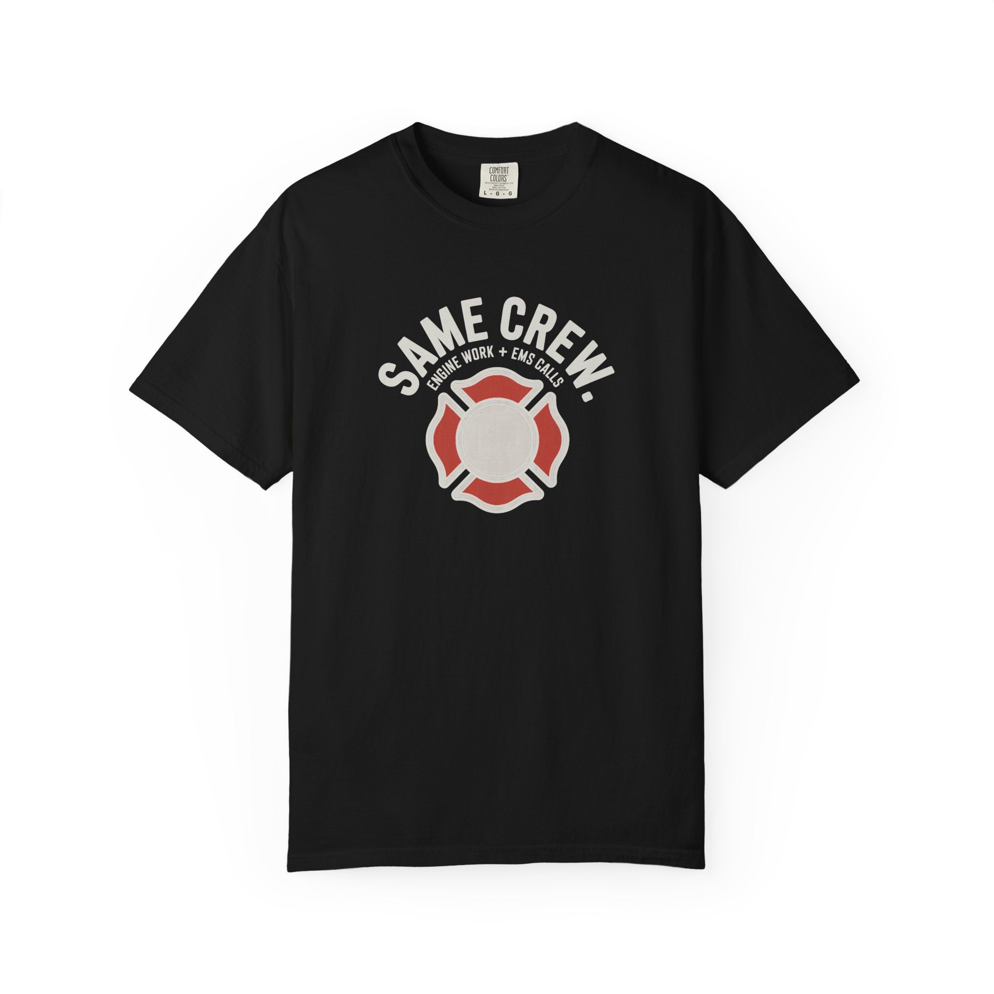 Same Crew Engine Work EMS Calls T-Shirt, Black and Navy — front view