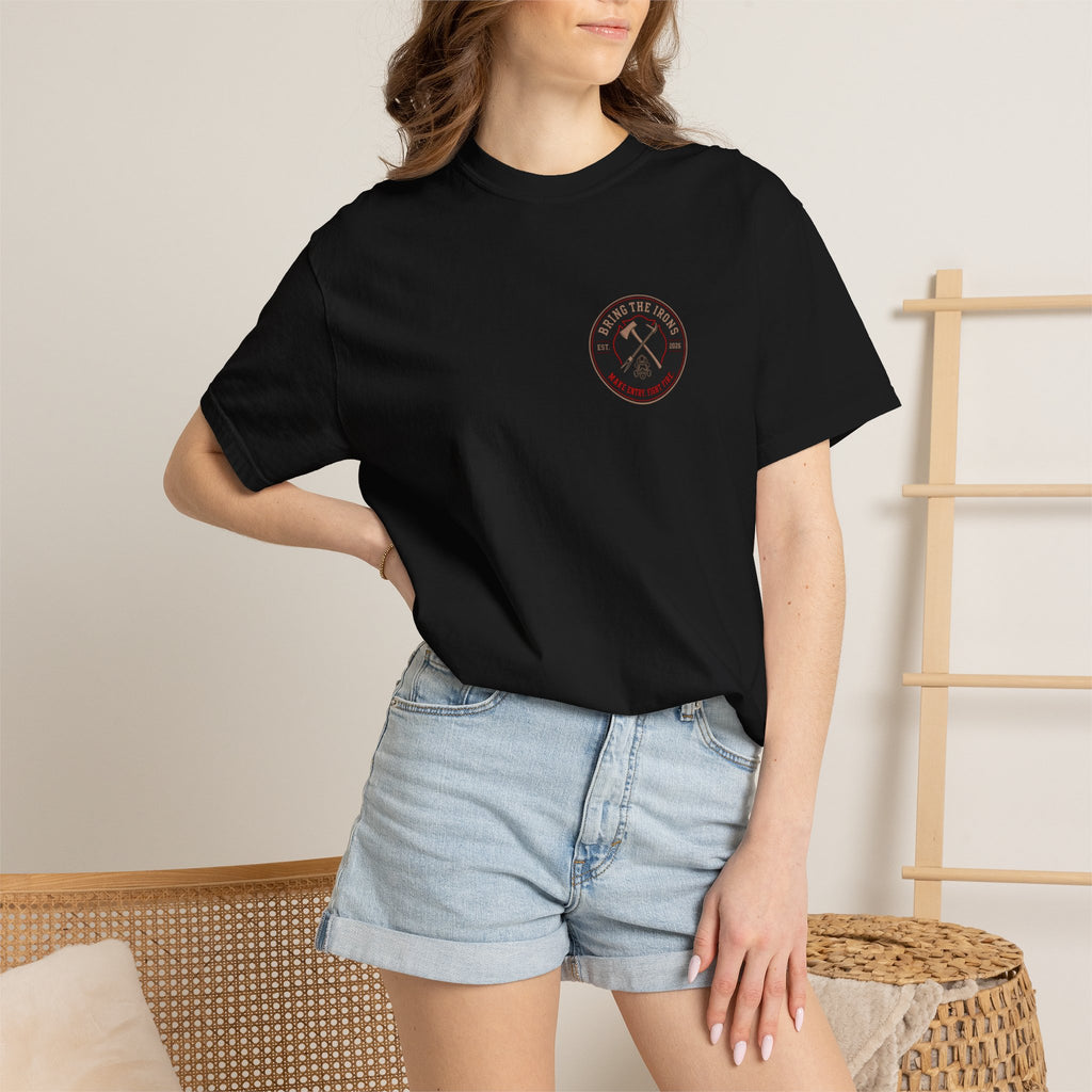 Bring the Irons — Make Entry, Fight Fire Firefighter Tee — Seal Front