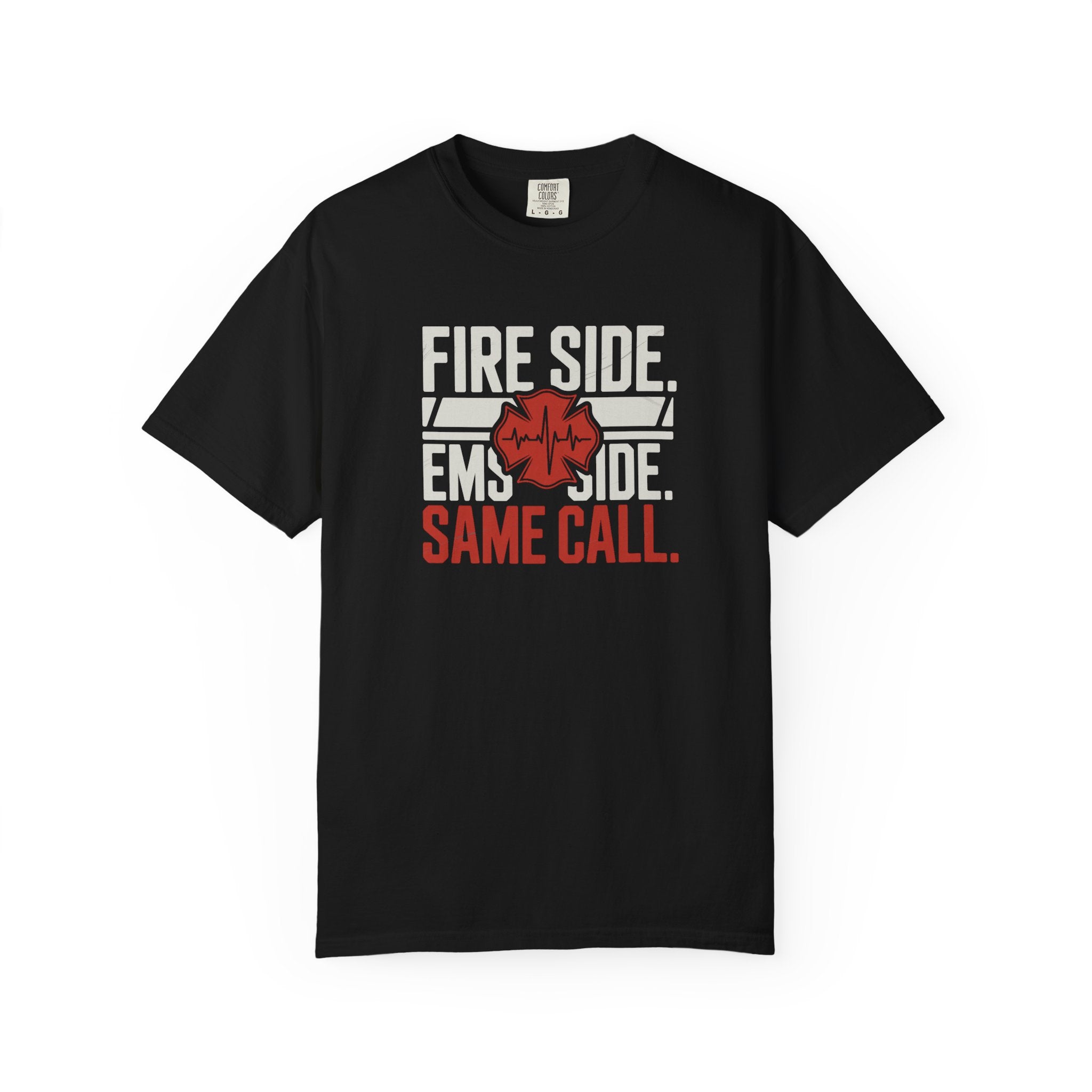 Fire Side EMS Side Same Call T-Shirt, Black and Navy — front view