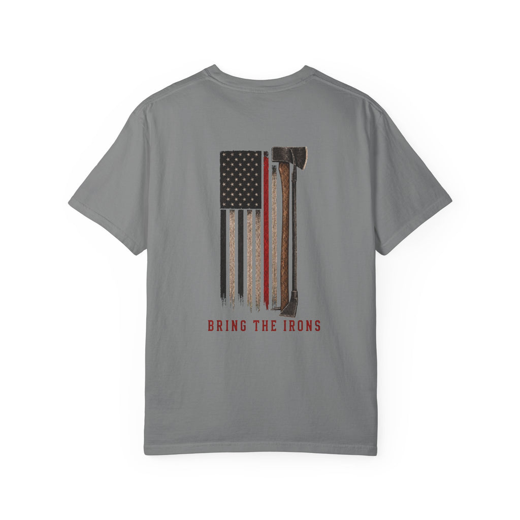 Bring the Irons — Vertical Irons Thin Red Line Firefighter Tee — Wordmark Front