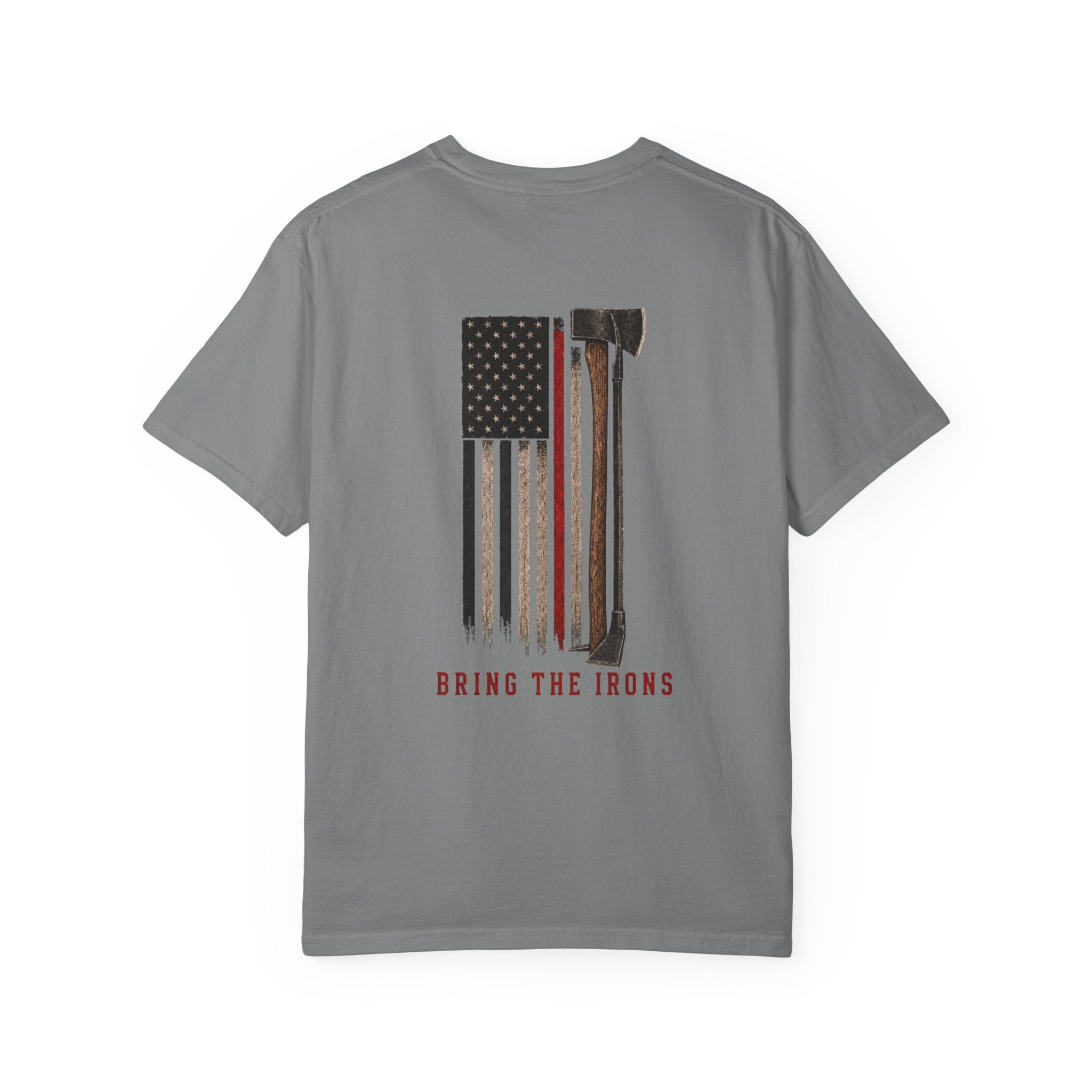 Bring the Irons — Vertical Irons Thin Red Line Firefighter Tee — Wordmark Front