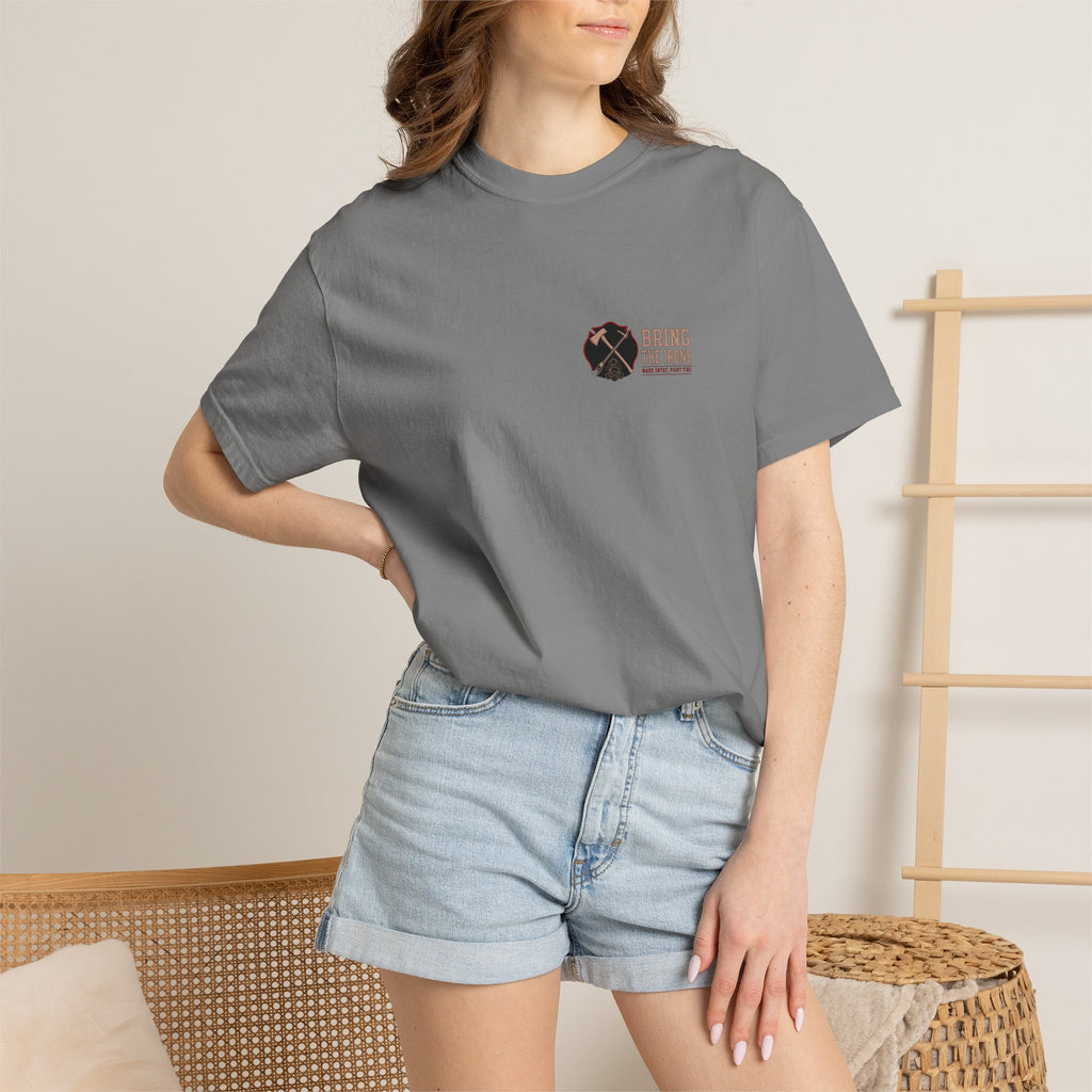 Bring the Irons — Stretch the Line Firefighter Tee — Wordmark Front