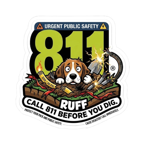 Cartoon safety dog with 811 Call Before You Dig text on a sticker