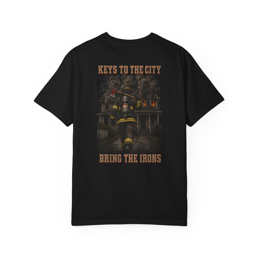 Bring the Irons — Keys to the City Firefighter Tee — Seal Front