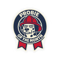 Probie of the Month firefighter sticker: mock award medallion with an unimpressed dalmatian in a red fire helmet