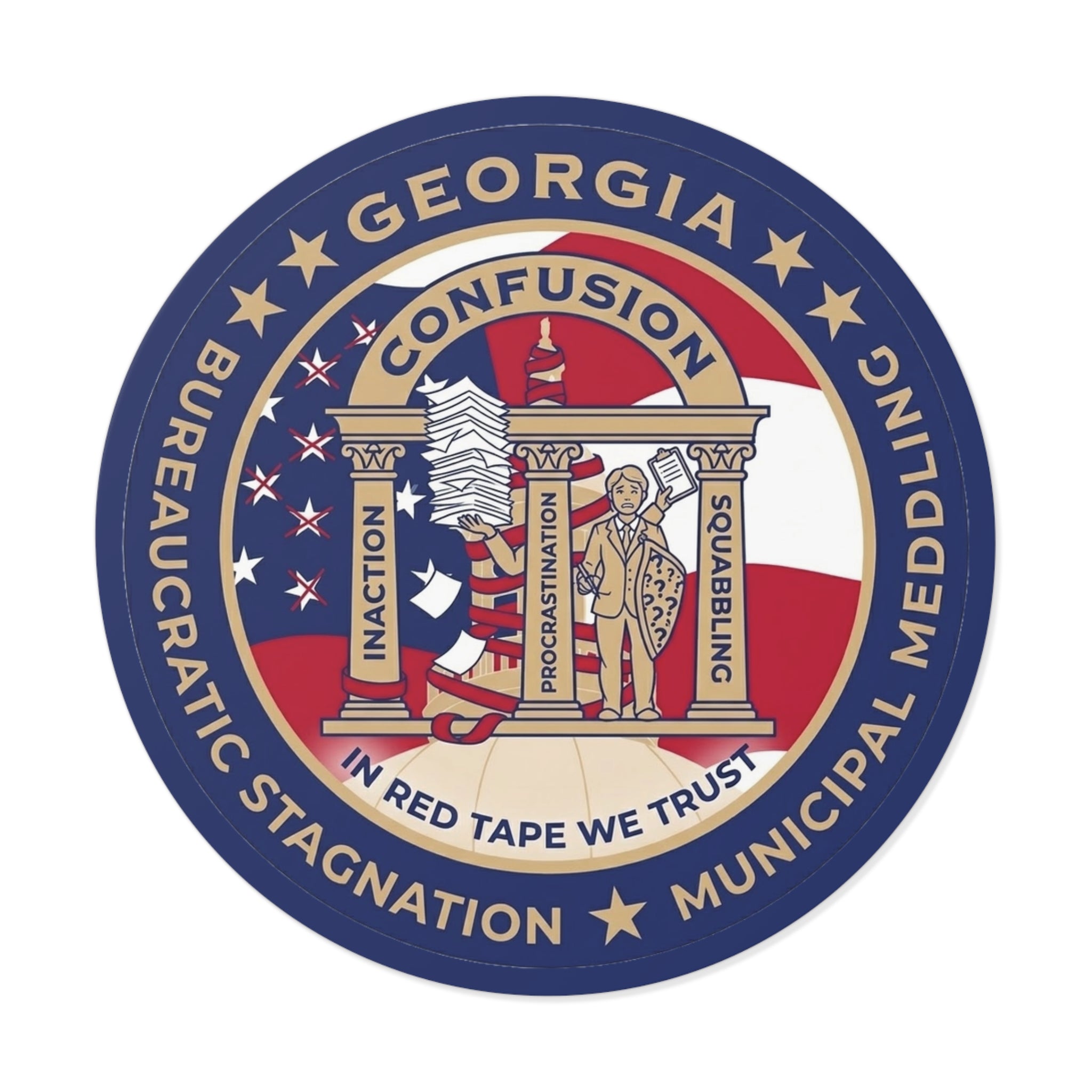 Mock official Bureaucratic Stagnation seal on a kiss-cut sticker