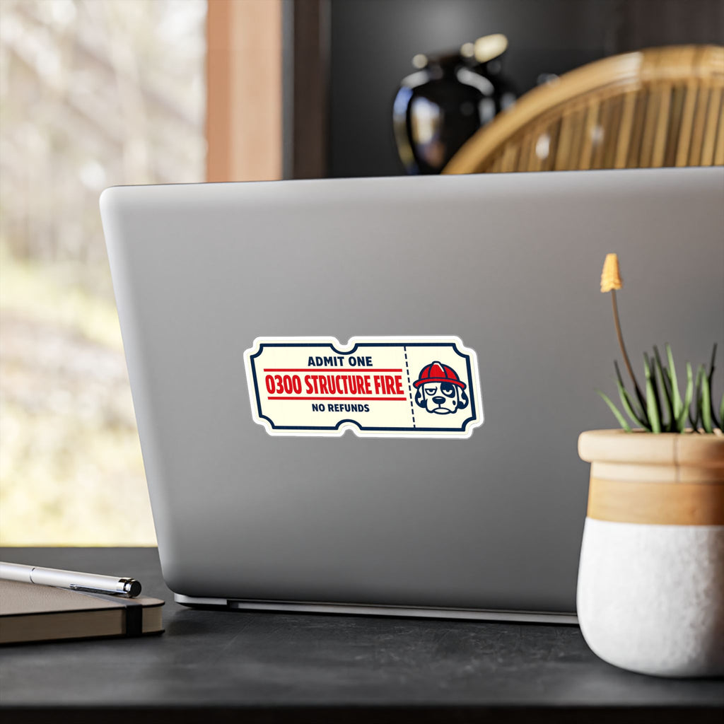 Wide ticket-shaped firefighter sticker in cream, navy and engine red