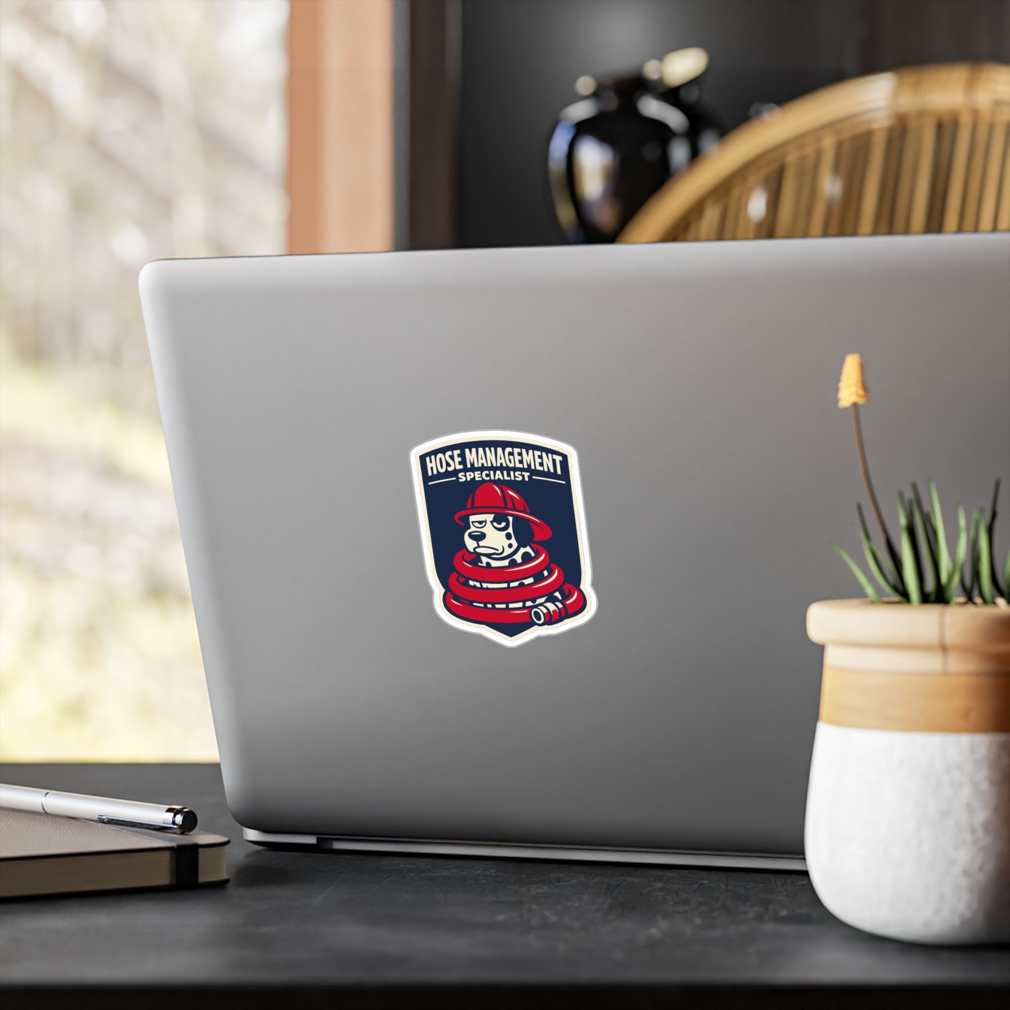 Mock fire service certification badge sticker in navy cream and engine red
