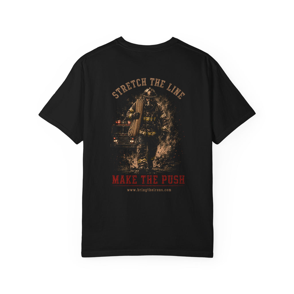 Bring the Irons — Stretch the Line Firefighter Tee — Seal Front