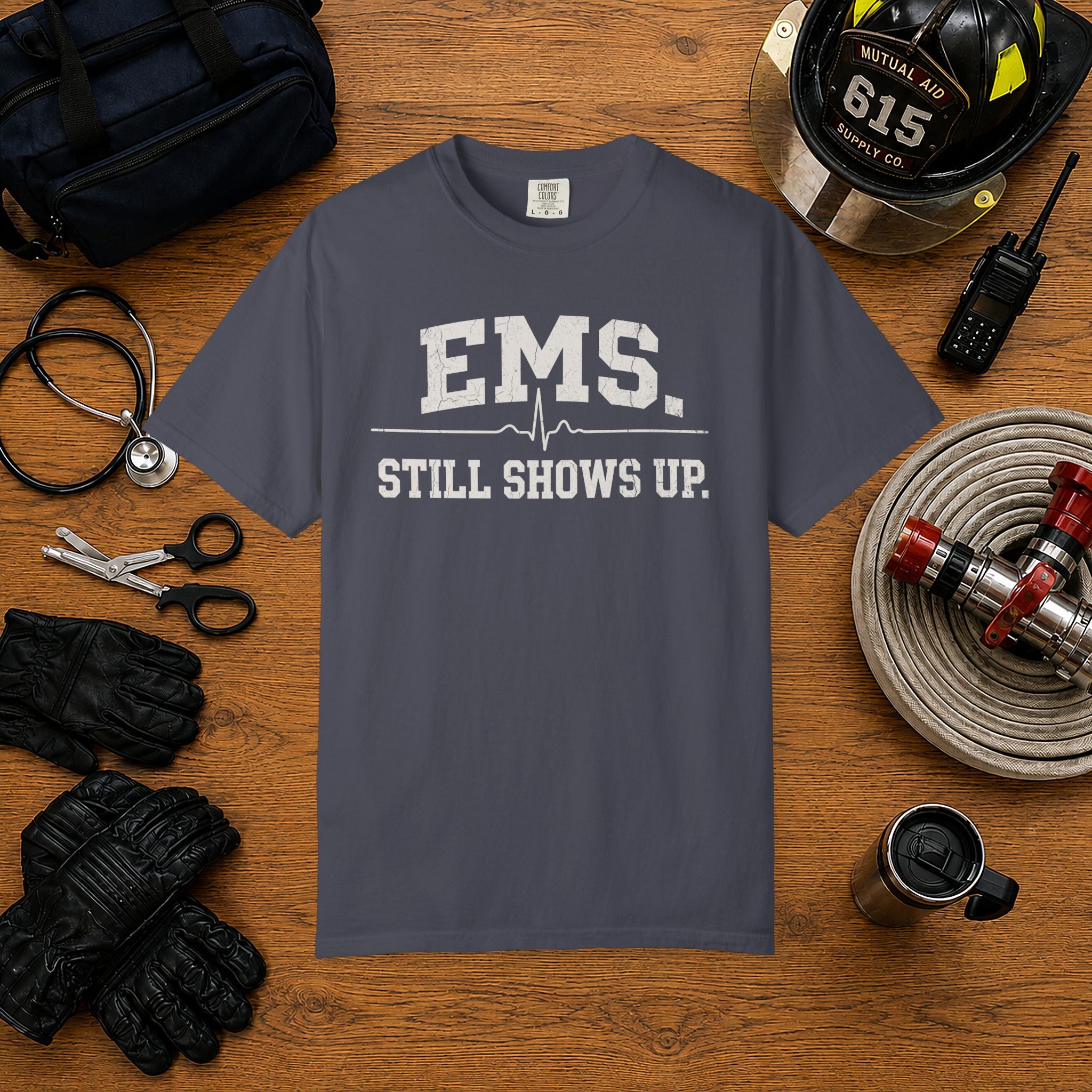 EMS. Still Shows Up tee — alternate view 3