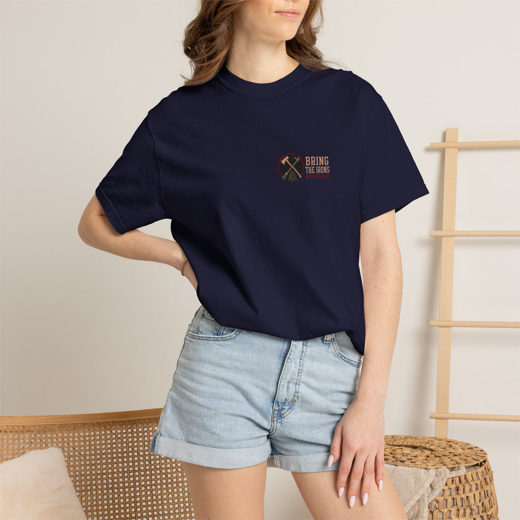 Bring the Irons — Make Entry, Fight Fire Firefighter Tee — Wordmark Front