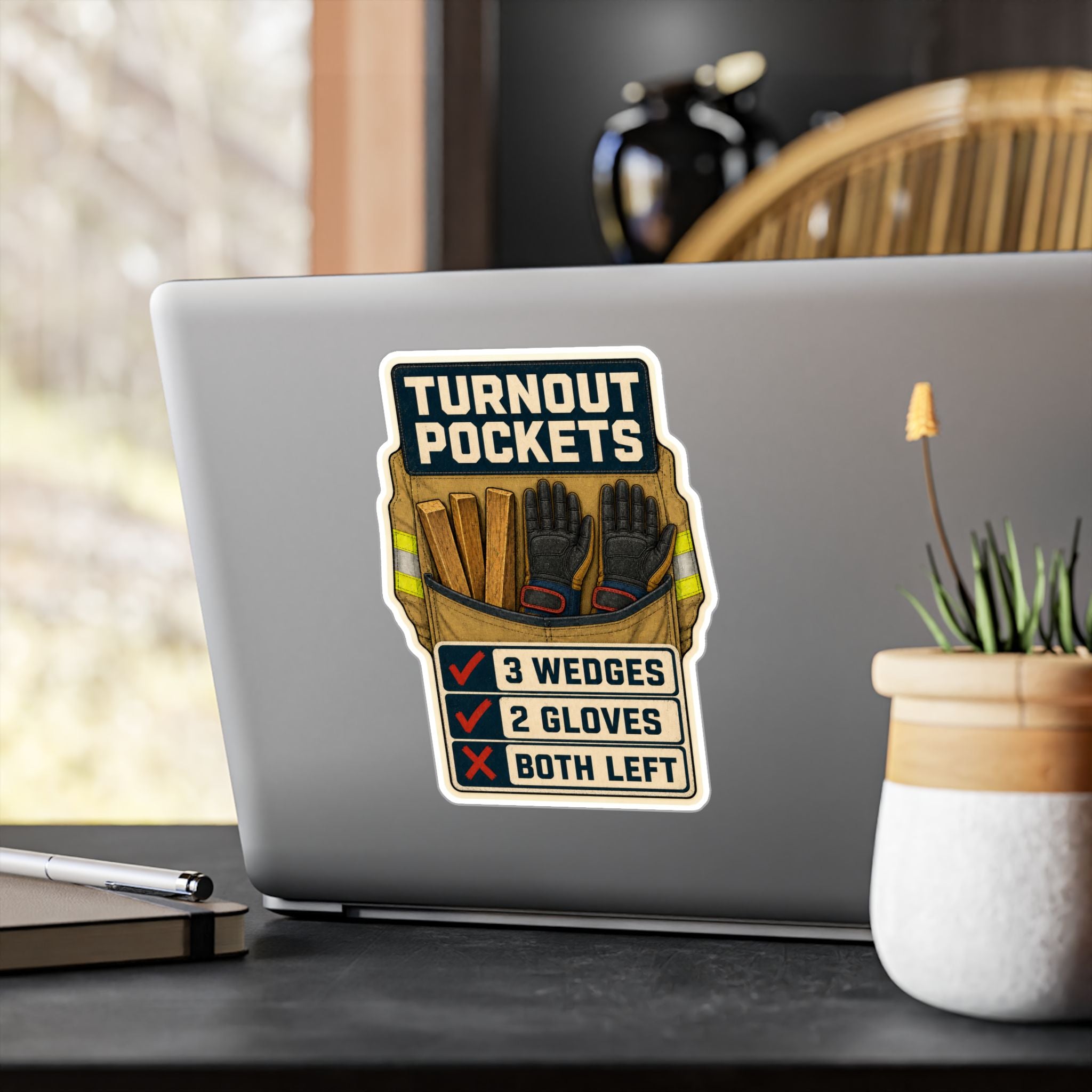 TURNOUT POCKETS — Firefighter Gear Humor Sticker | Weatherproof Vinyl Decal