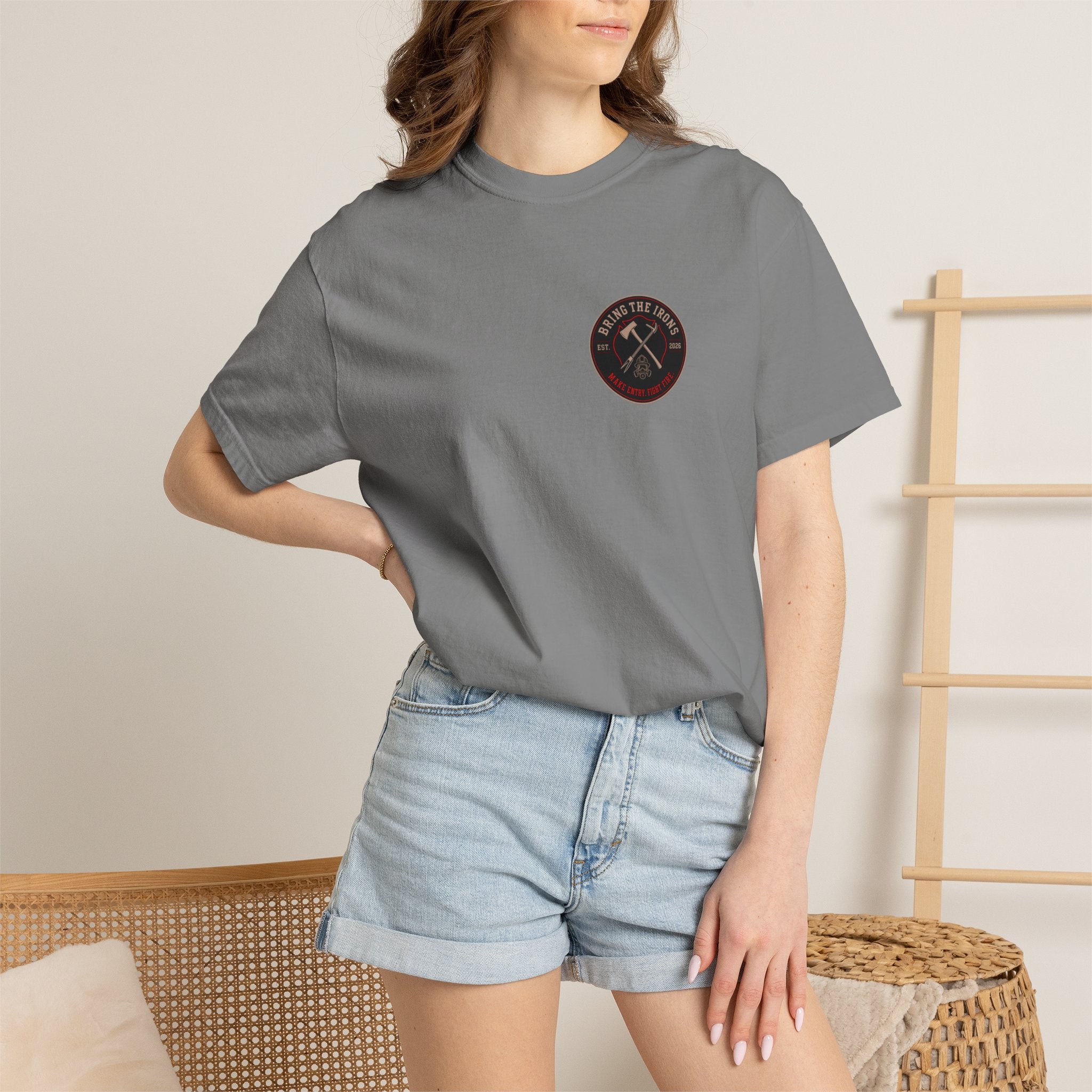 Bring the Irons — Make Entry, Fight Fire Firefighter Tee — Seal Front