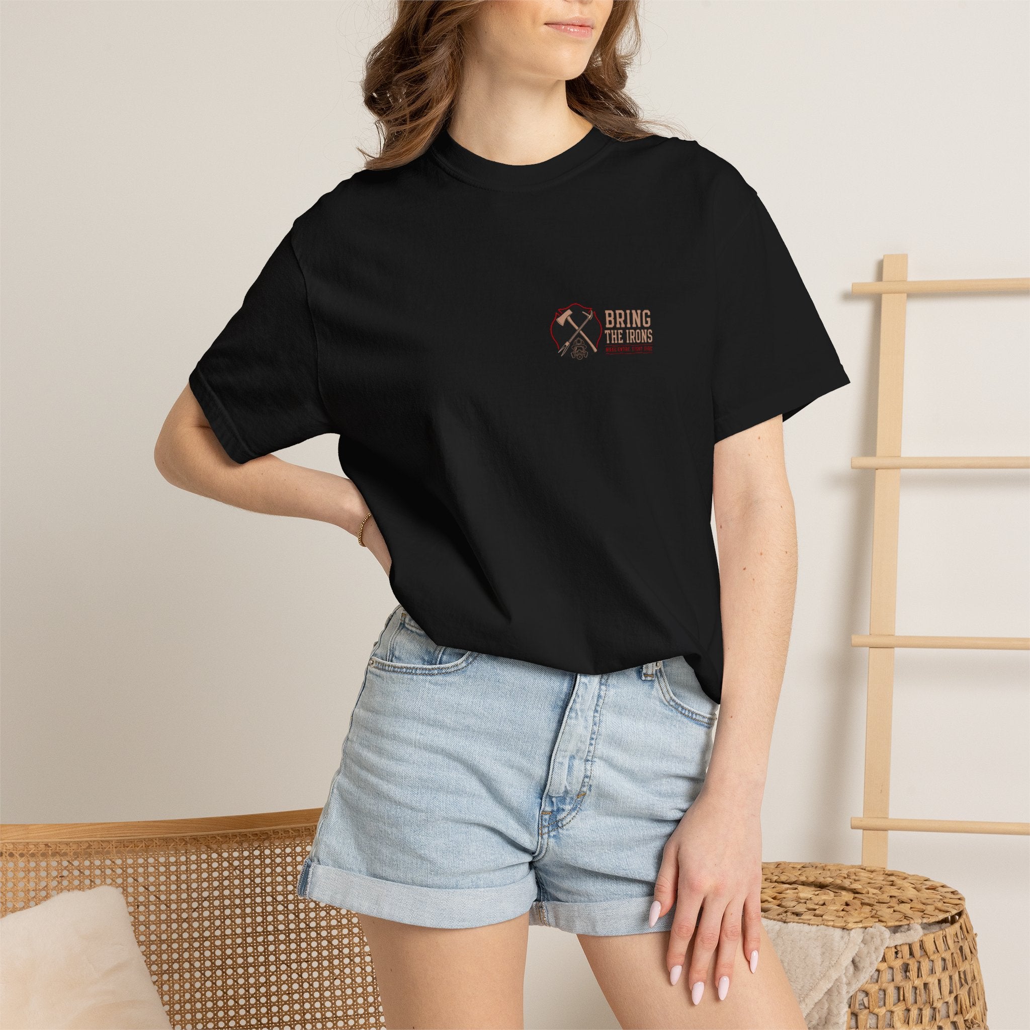 Bring the Irons — Vertical Irons Thin Red Line Firefighter Tee — Wordmark Front