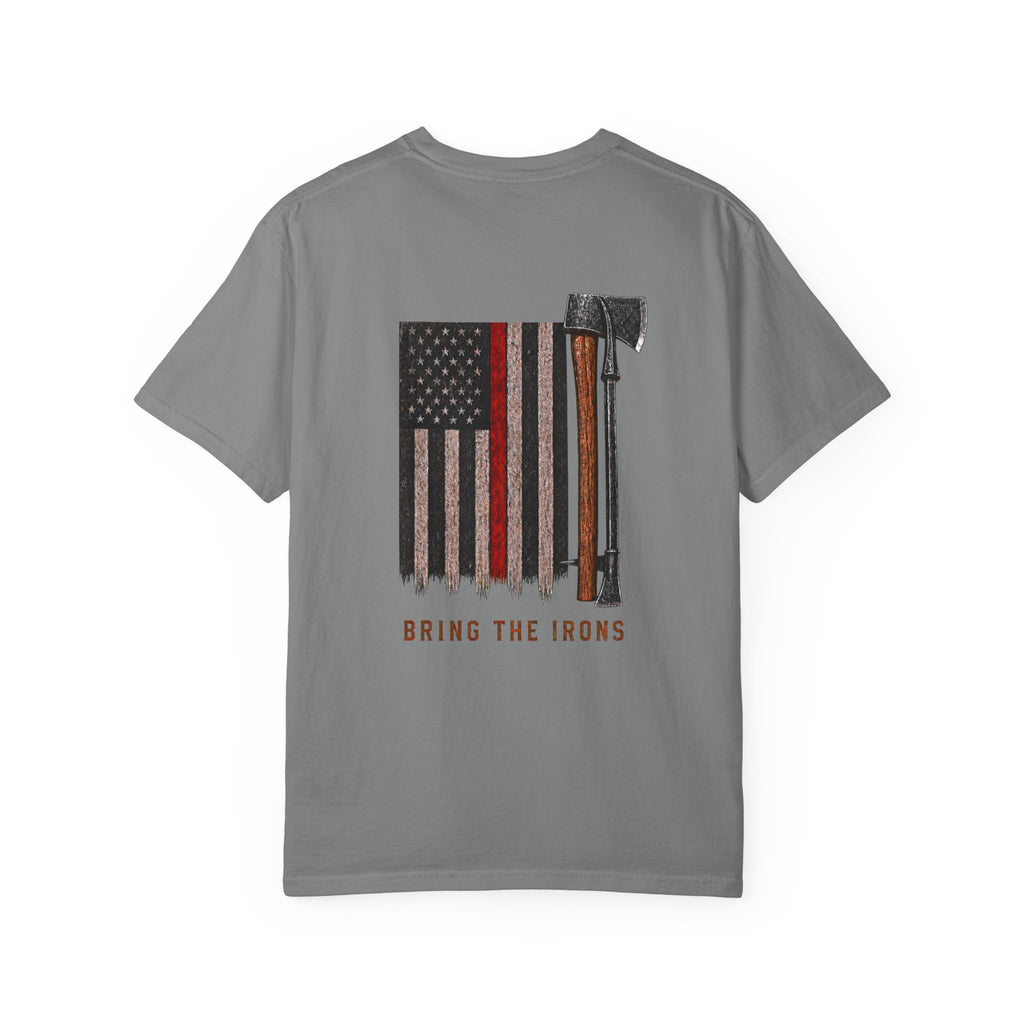 Bring the Irons — Vertical Irons Thin Red Line Firefighter Tee