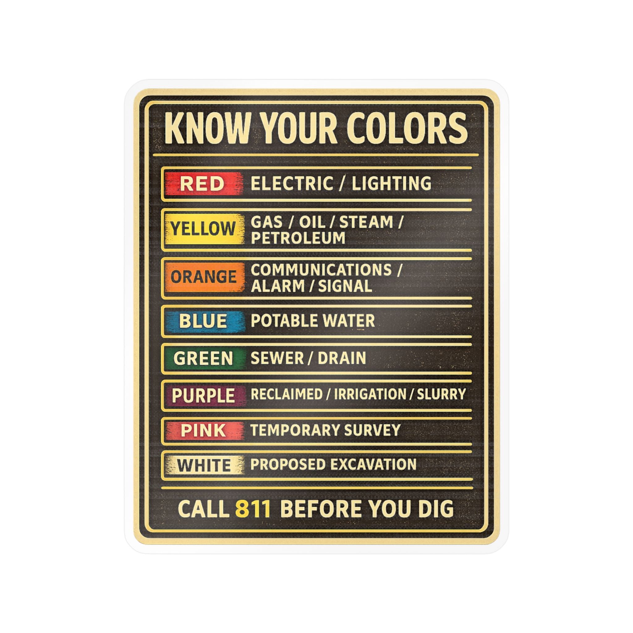 KNOW YOUR COLORS — 811 Utility Marking Color Code Sticker