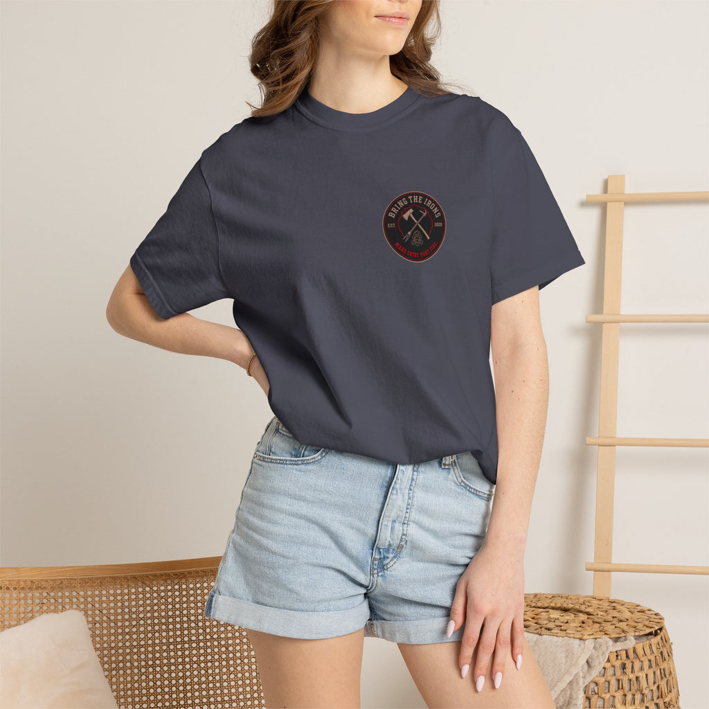 Bring the Irons — Make Entry, Fight Fire Firefighter Tee — Seal Front