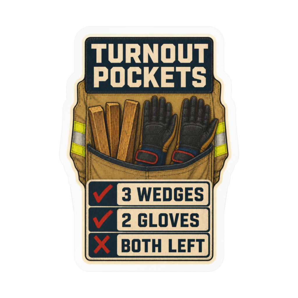 TURNOUT POCKETS — Firefighter Gear Humor Sticker | Weatherproof Vinyl Decal