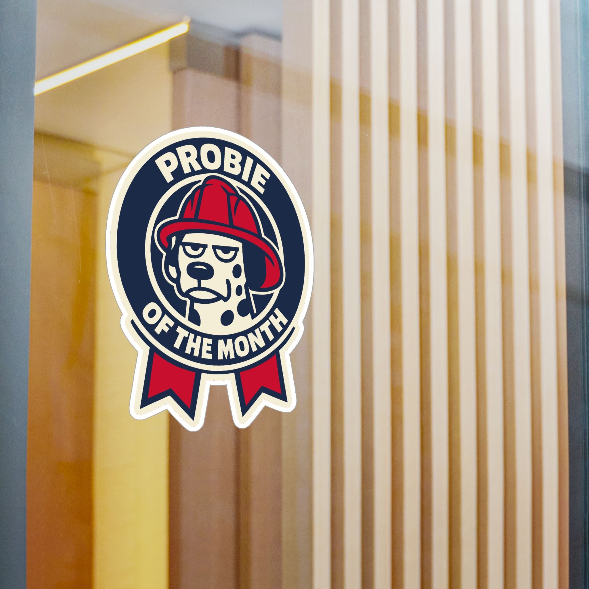 Fire department award ribbon sticker in navy cream and engine red
