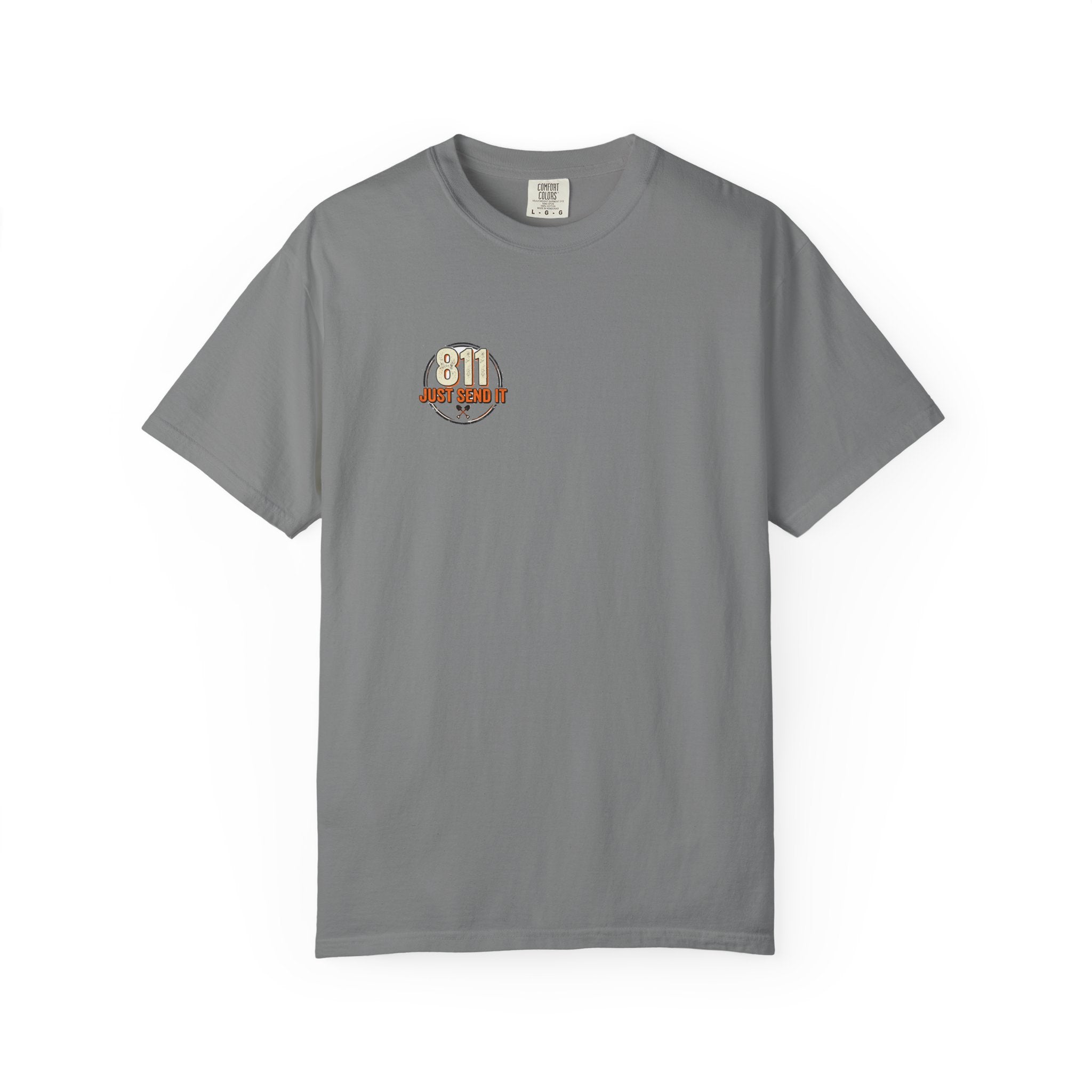 811 Just Send It excavator humor design on a t-shirt
