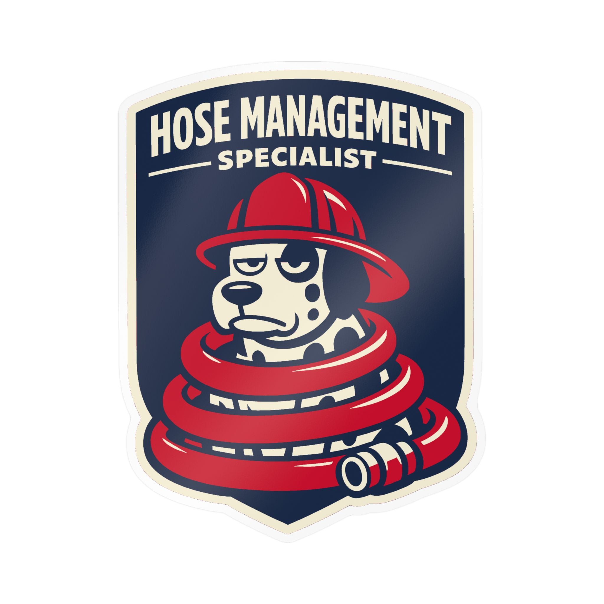 Deadpan dalmatian in a red fire helmet wrapped in his own hose line