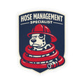 Hose Management Specialist firefighter sticker: dalmatian tangled in a red fire hose on a certification badge