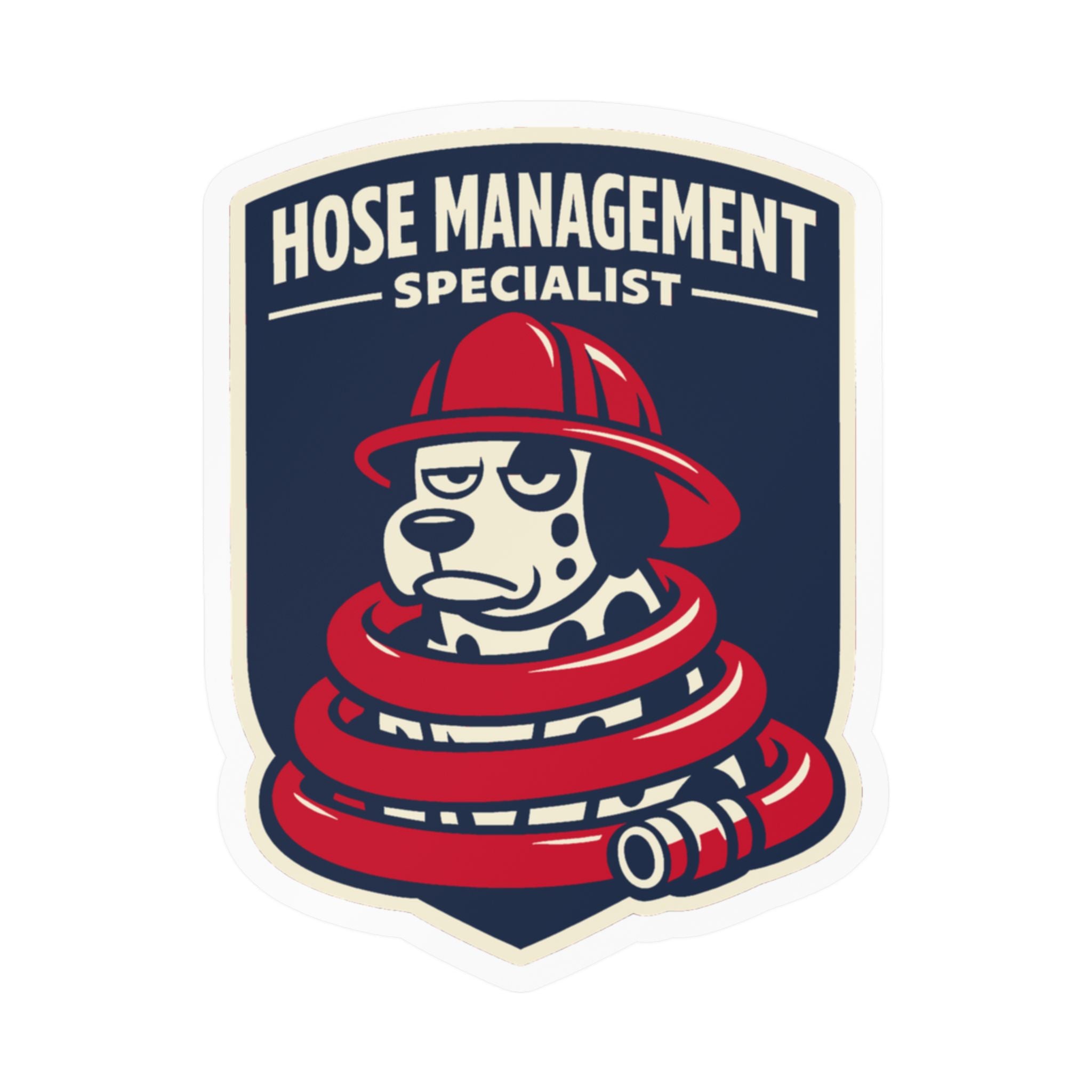 Hose Management Specialist firefighter sticker: dalmatian tangled in a red fire hose on a certification badge