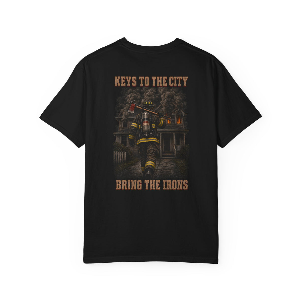 Bring the Irons — Keys to the City Firefighter Tee in Black — back view