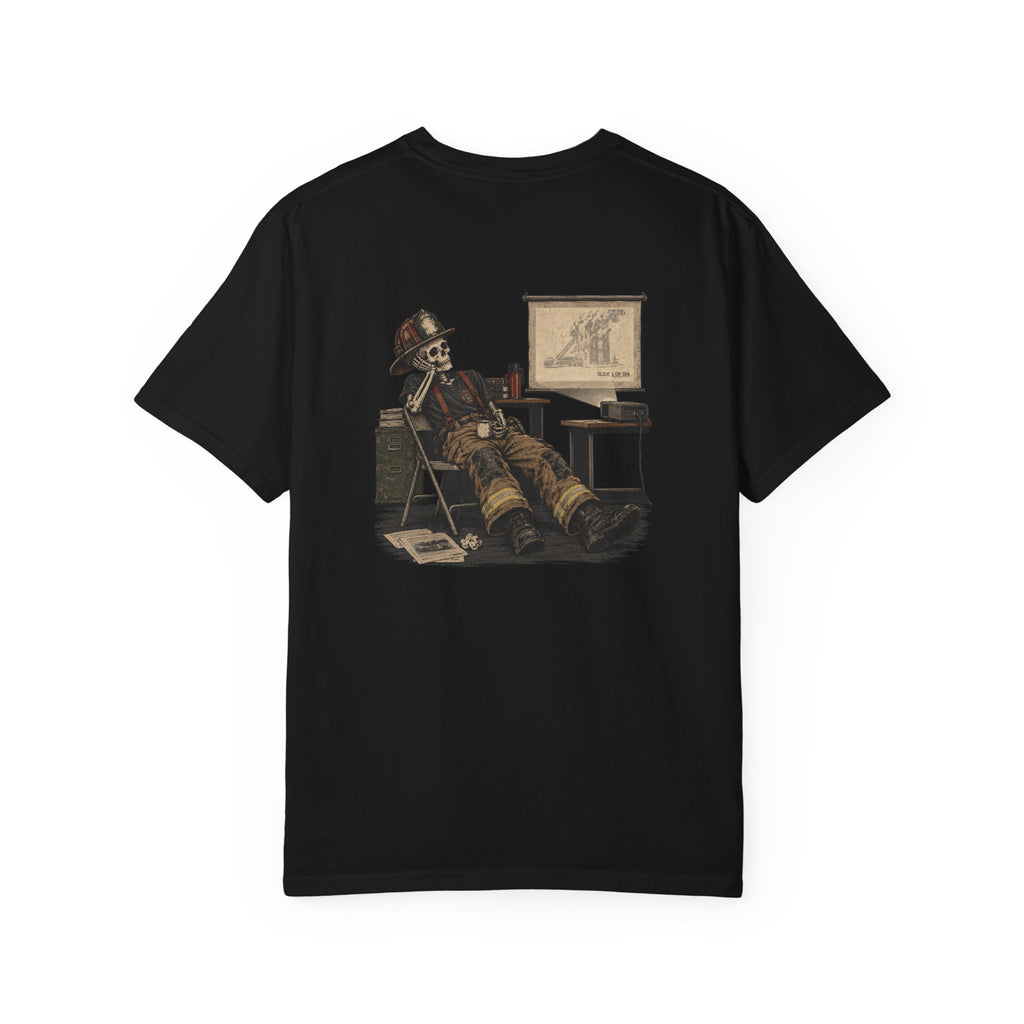 Mandatory Training firefighter tee — full illustrated back, Black Comfort Colors 1717