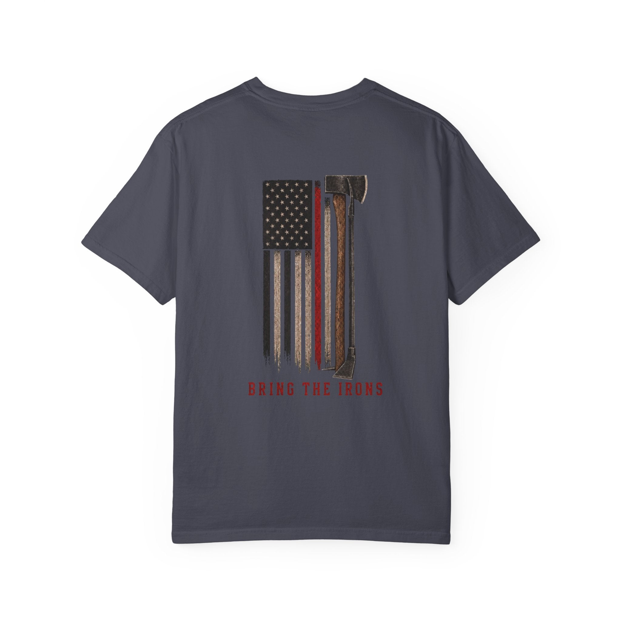 Bring the Irons — Vertical Irons Thin Red Line Firefighter Tee — Wordmark Front