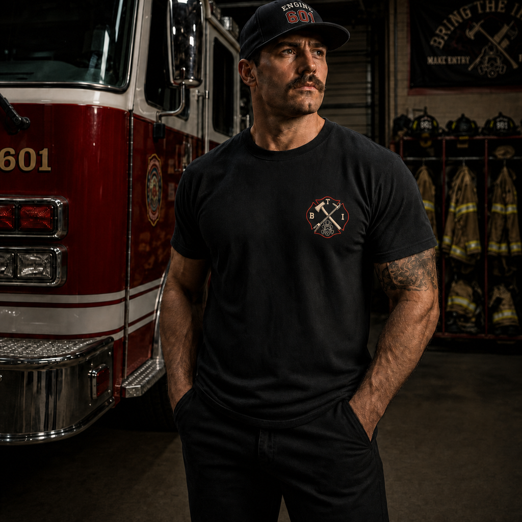 Bring the Irons — Stretch the Line Firefighter Tee