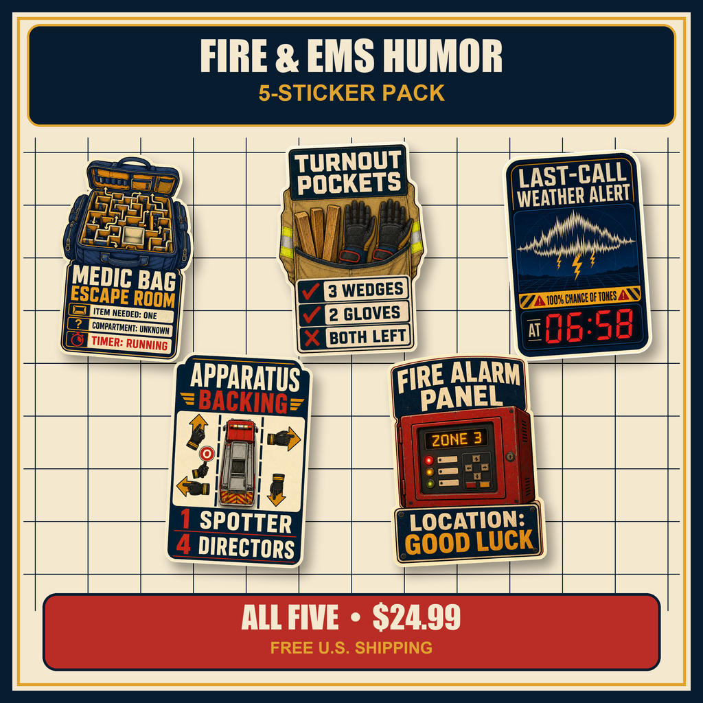 Fire and EMS Humor five-sticker pack with Medic Bag, Turnout Pockets, Last-Call, Apparatus Backing and Fire Alarm Panel designs